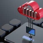 Illustration of a red cloud containing servers connected to a desktop monitor on a gray platform, representing cloud hosting.