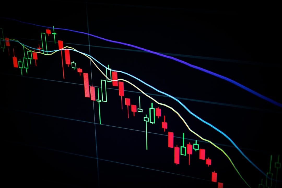 Downward-trending candlestick chart with red and green bars and three moving-average lines (blue, cyan, yellow).