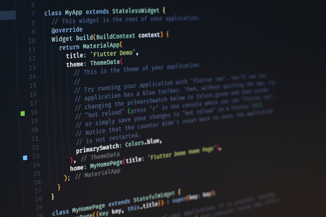 Code editor showing a Flutter app skeleton with MaterialApp, ThemeData, and a blue primary color in the main widget.