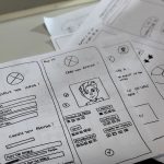 Wireframe sketches for a mobile app prototype, showing form screens, an avatar panel, and navigation elements on paper.
