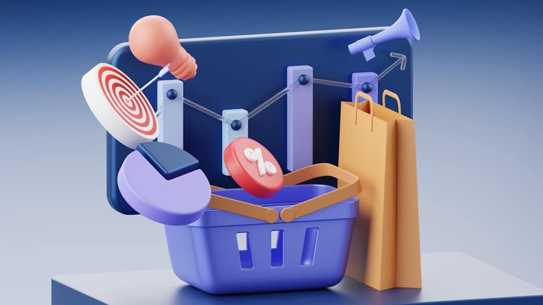 3D illustration of a shopping basket with data charts, a target, and a megaphone, symbolizing marketing analytics.