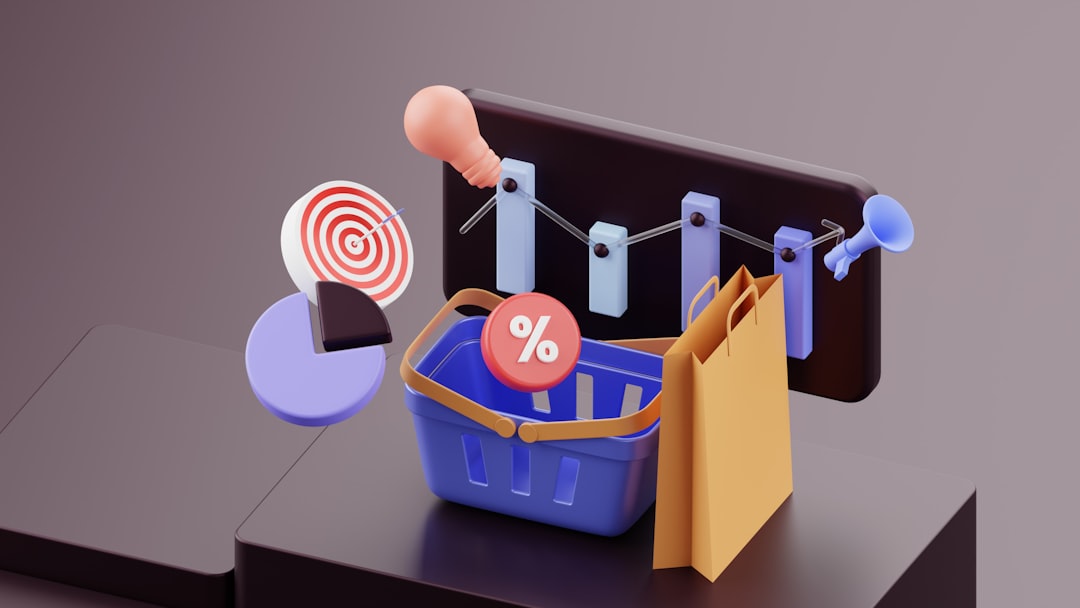 3D illustration of a shopping basket with bags, a pie chart, a target, and a percent sign to represent retail analytics.