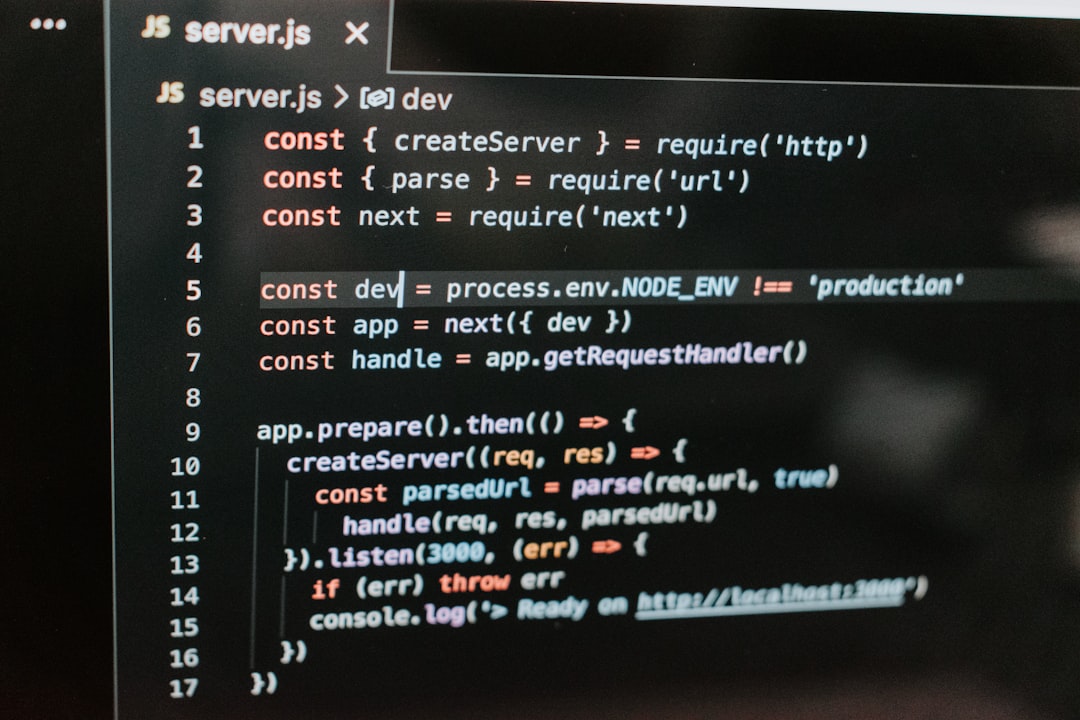 Code editor showing a Node.js server file with imports for http, url, next and a dev environment check (NODE_ENV !== 'production').