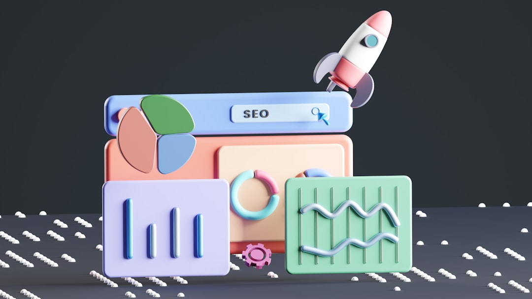 Colorful 3D illustration of an SEO dashboard with a rocket taking off, symbolizing growth in search rankings and visibility.