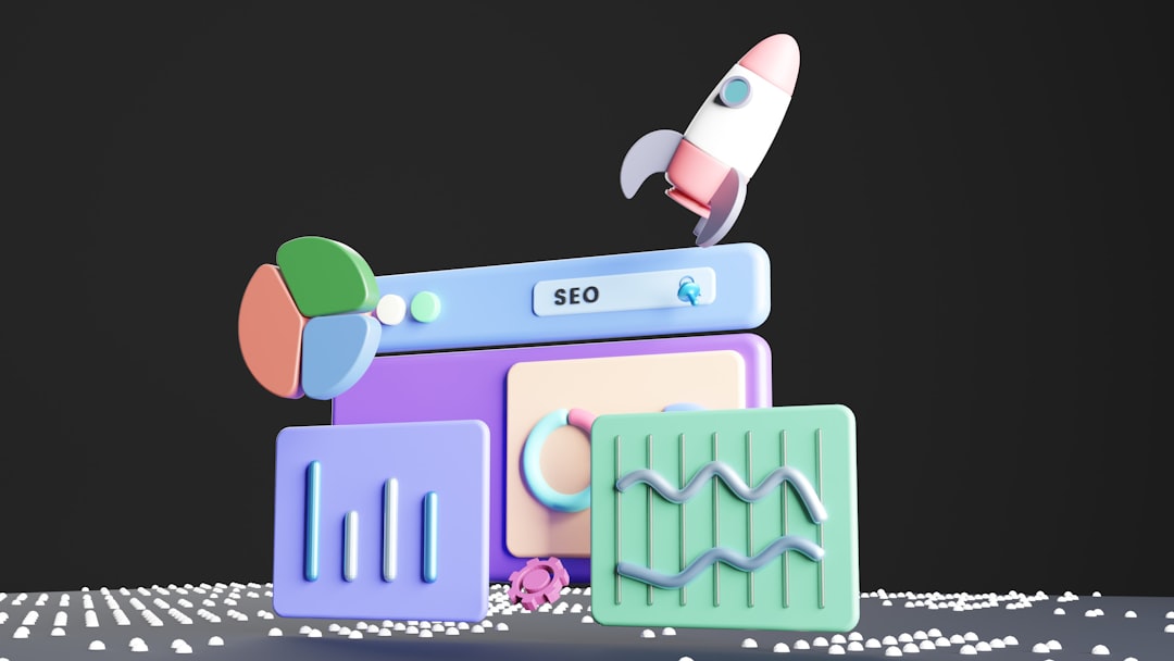 Colorful 3D icons representing SEO, charts, and growth with a rocket launching above the panels.