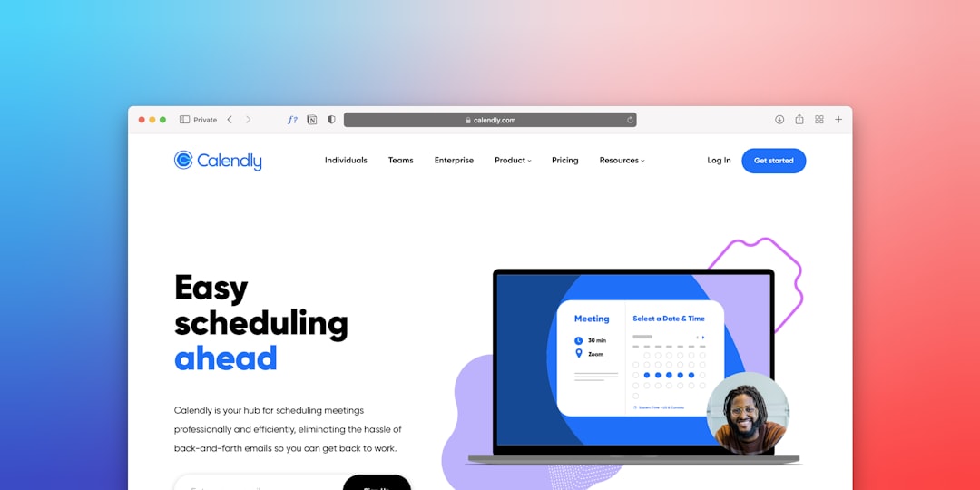 Calendly homepage hero with bold “Easy scheduling ahead” text, laptop illustration, and a small user photo on the right against a blue–pink gradient background