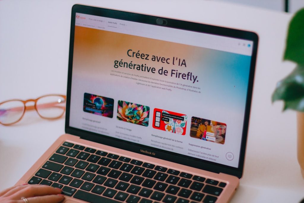 Ordinateur portable affichant une page web en français sur l'IA générative Firefly, titre centré 'Créez avec l’IA générative de Firefly'.