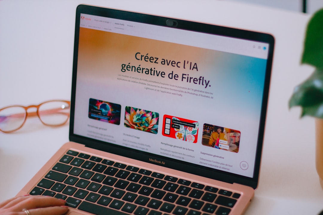 Ordinateur portable affichant une page web en français sur l'IA générative Firefly, titre centré 'Créez avec l’IA générative de Firefly'.