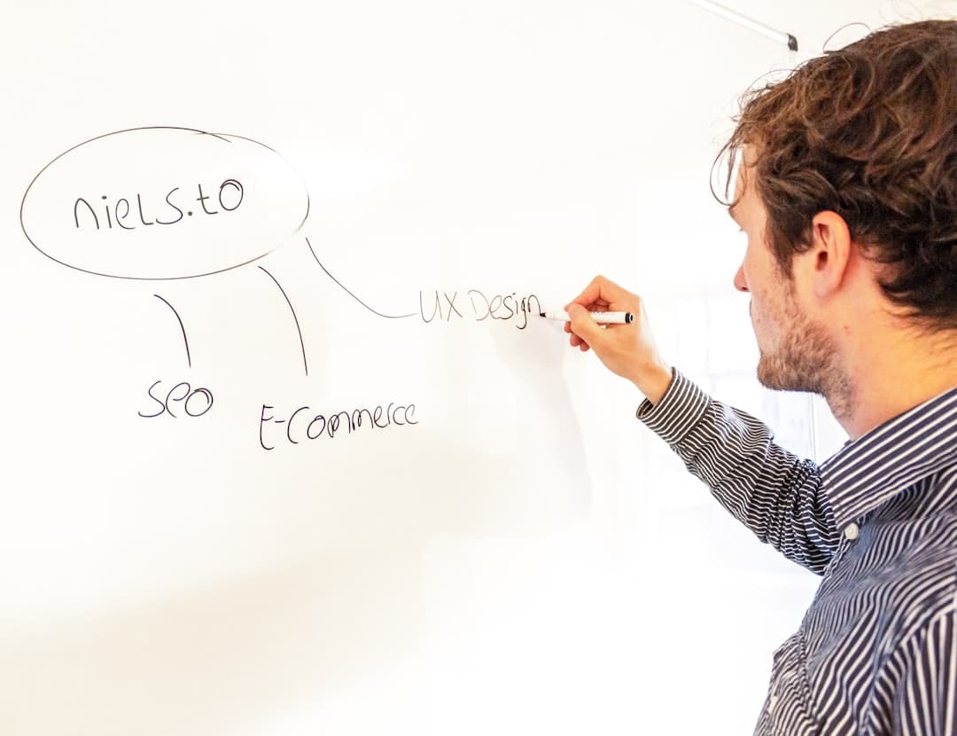 Man writing on a whiteboard with terms like UX Design, E-commerce, and SEO visible in a brainstorm session