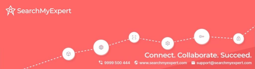 SearchMyExpert banner with logo, dotted-line icon trail, and the slogan 'Connect. Collaborate. Succeed.' with contact info at the bottom.
