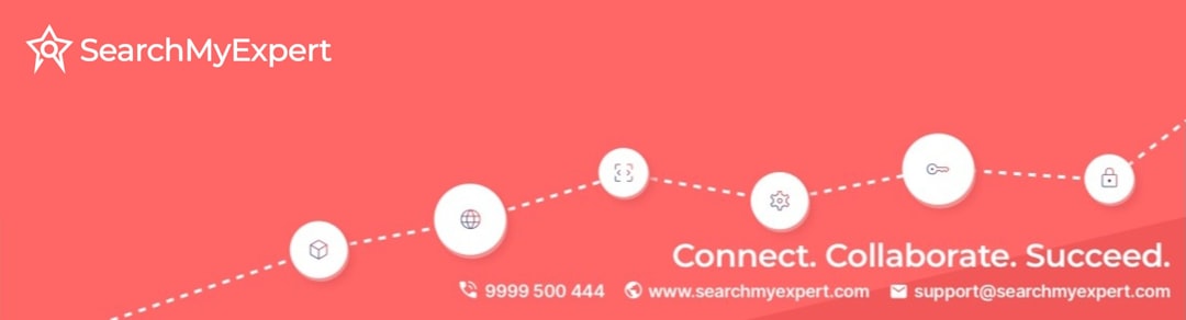 SearchMyExpert banner with logo, dotted-line icon trail, and the slogan 'Connect. Collaborate. Succeed.' with contact info at the bottom.