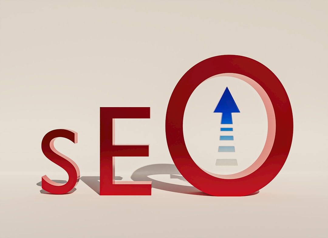3D red letters spell SEO, with a blue upward arrow inside the O, signaling rising search rankings.