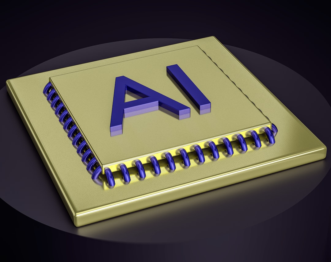 Golden spiral-bound notebook with a large blue 'AI' logo on top, set on a dark background.