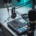 Close-up of a podcasting setup: a microphone in a shock mount, headphones, and a digital mixer on a desk with cables.