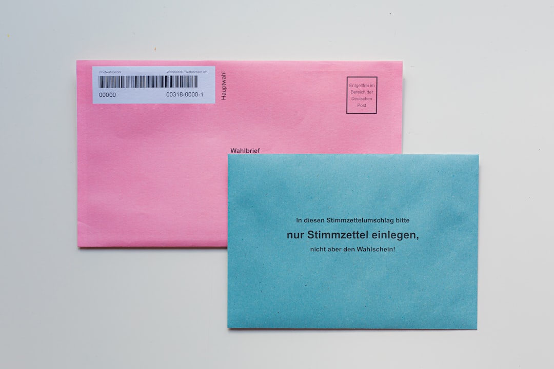 Pink voting envelope overlapped by a blue ballot card with German instruction to insert only the ballot paper.