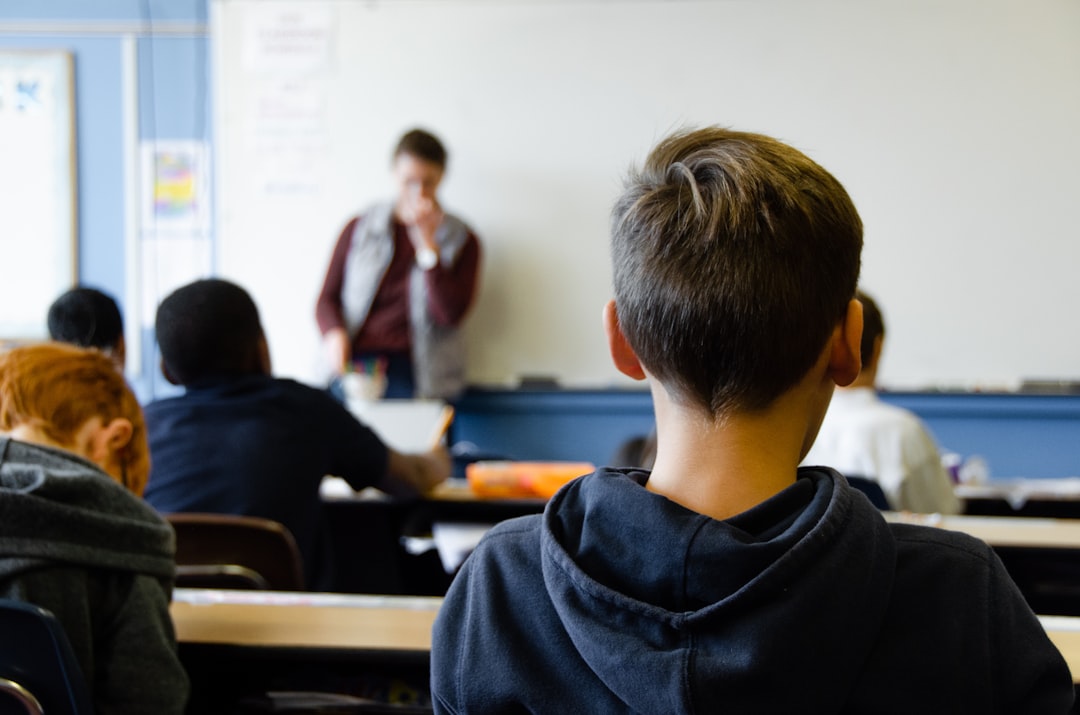 Back of a student in a dark blue hoodie facing a teacher at a whiteboard in a classroom.