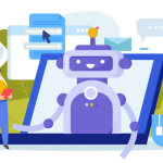 Friendly robot emerging from a laptop screen as a person with a tablet stands nearby, surrounded by chat bubbles and office icons, illustrating AI assistance.