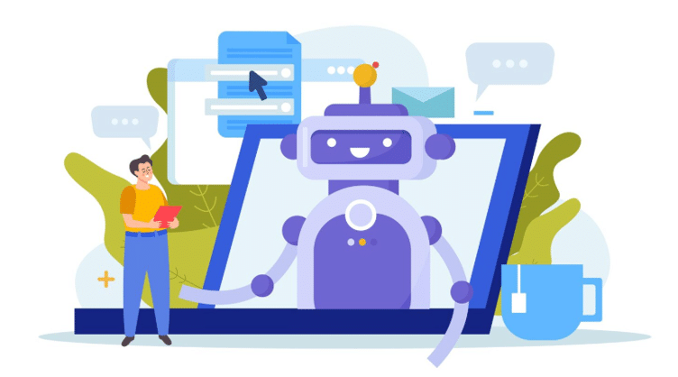 Friendly robot emerging from a laptop screen as a person with a tablet stands nearby, surrounded by chat bubbles and office icons, illustrating AI assistance.
