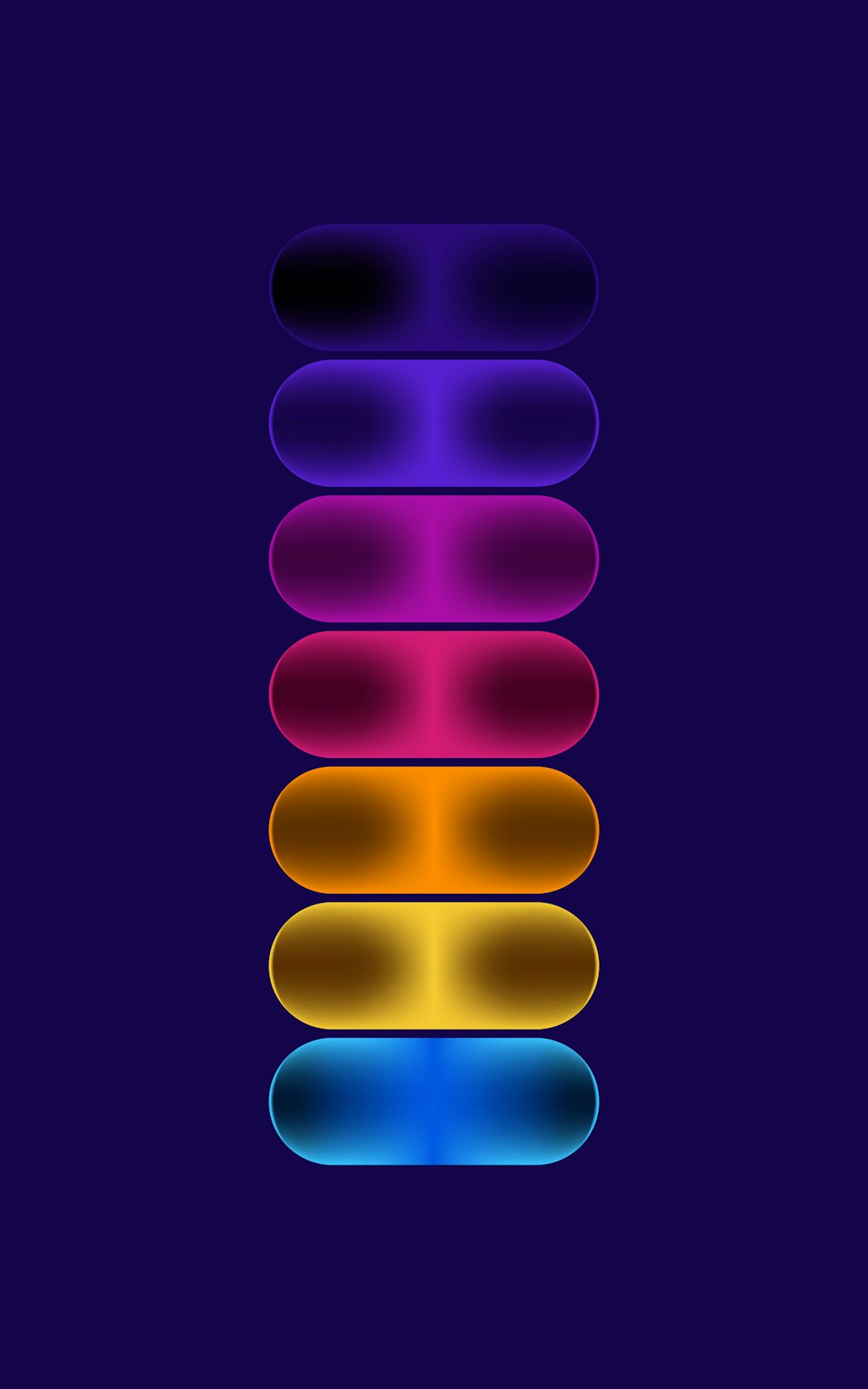 Abstract vertical stack of glowing rounded capsules in a rainbow gradient on a dark blue background.
