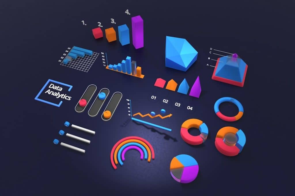 graphical user interface market research competitor analysis business planning - AI Bud Multiple colorful 3D data visuals on a dark background, including bars, pie and donut charts, rings, and line graphs for analytics.