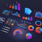Multiple colorful 3D data visuals on a dark background, including bars, pie and donut charts, rings, and line graphs for analytics.