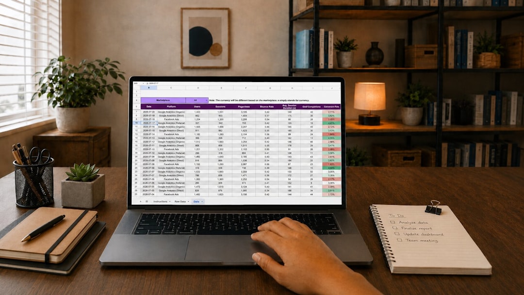Person typing on a laptop displaying a spreadsheet on a wood desk with a plant nearby.