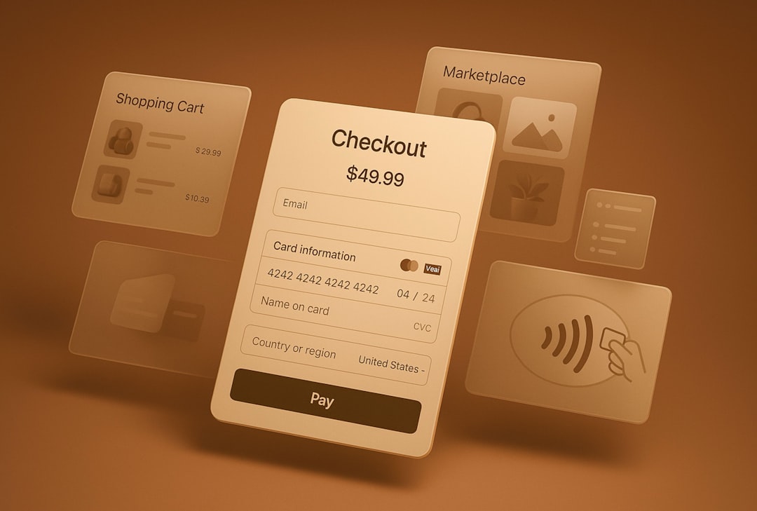 Mobile checkout form with email, card details, and a prominent Pay button; surrounding UI cards imply cart and payment features.
