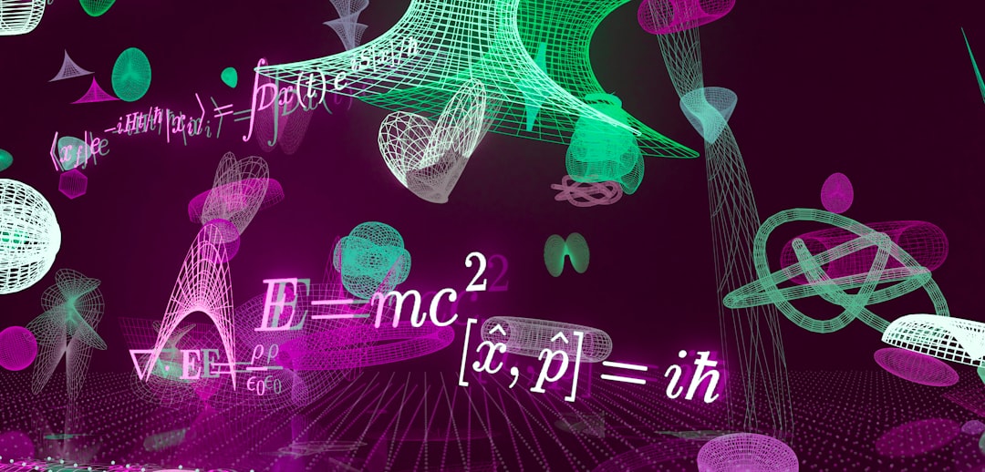 Abstract neon physics illustration with formulas like E=mc^2 and [x,p]=iħ, glowing wireframes on a purple background