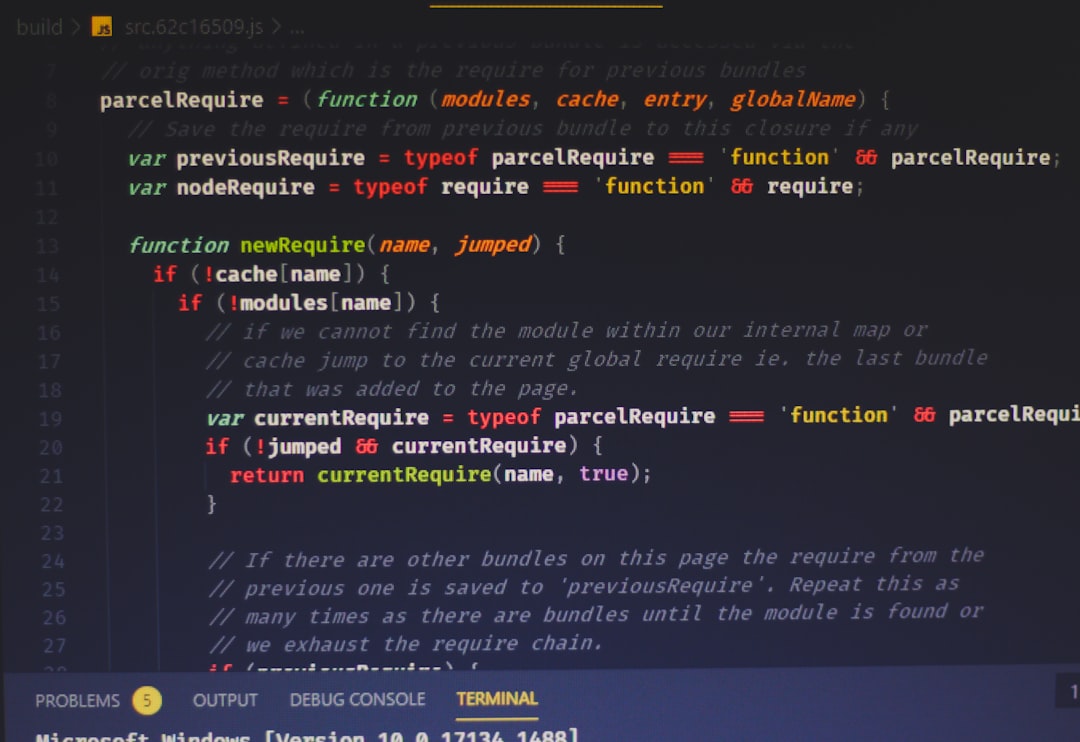 Screenshot of a code editor showing a JavaScript module loader with a newRequire function and cache checks, in a dark theme.