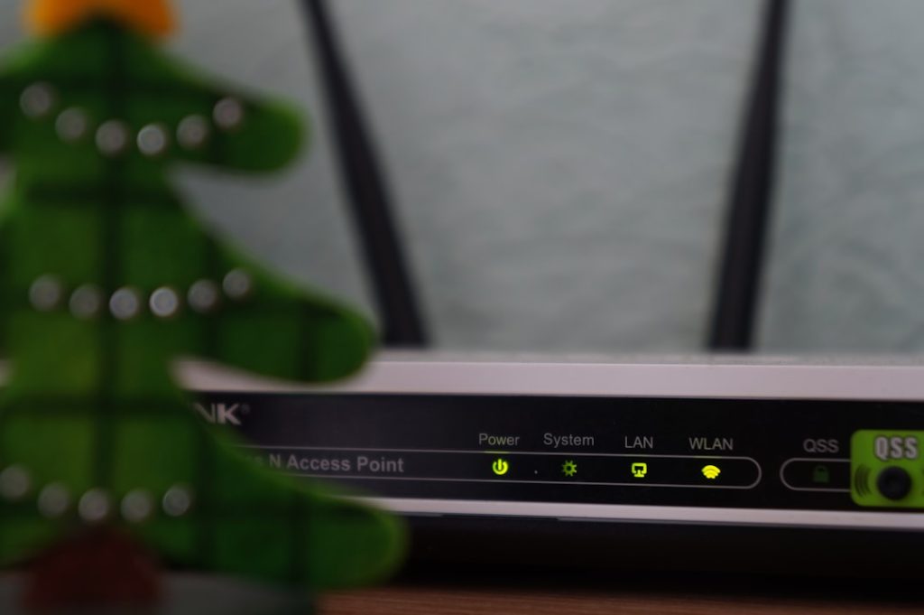 Front panel of a wireless router showing glowing Power, System, LAN, and WLAN indicators; a blurred green ornament in the foreground.