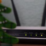 Front panel of a wireless router showing glowing Power, System, LAN, and WLAN indicators; a blurred green ornament in the foreground.