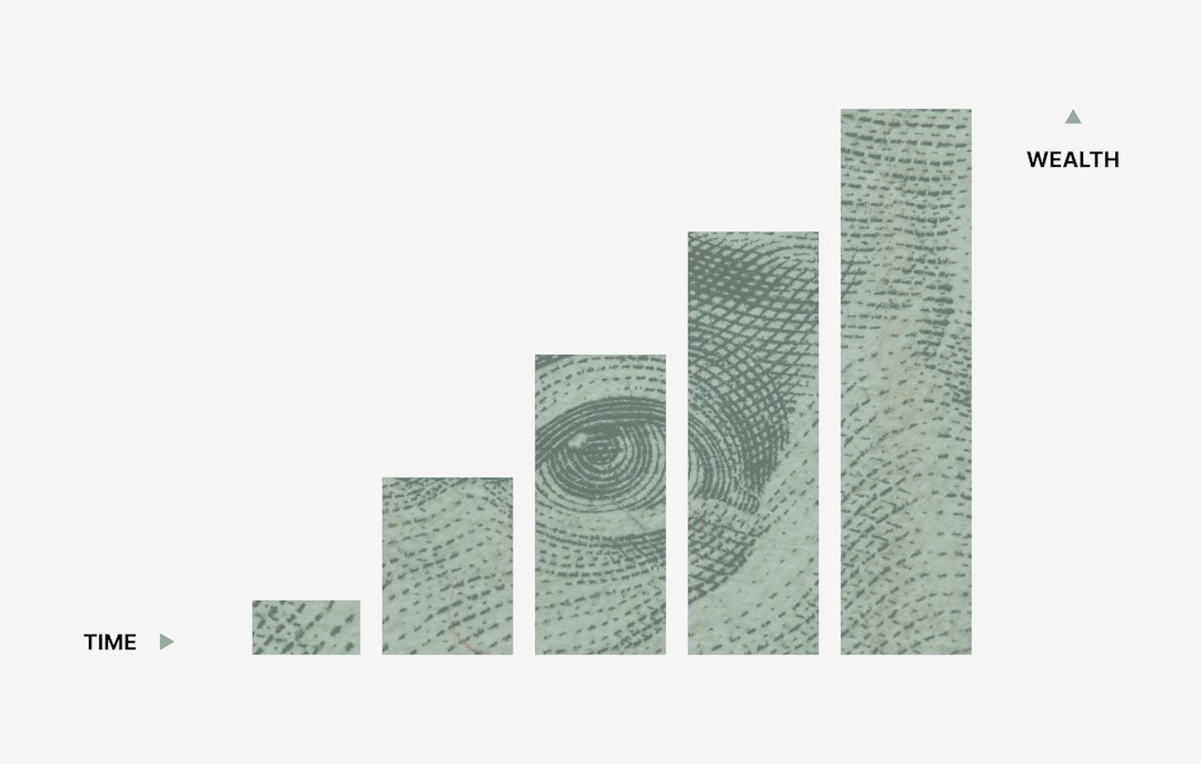 Bar chart with ascending textured bars from TIME to WEALTH, illustrating wealth growing over time (fingerprint texture).