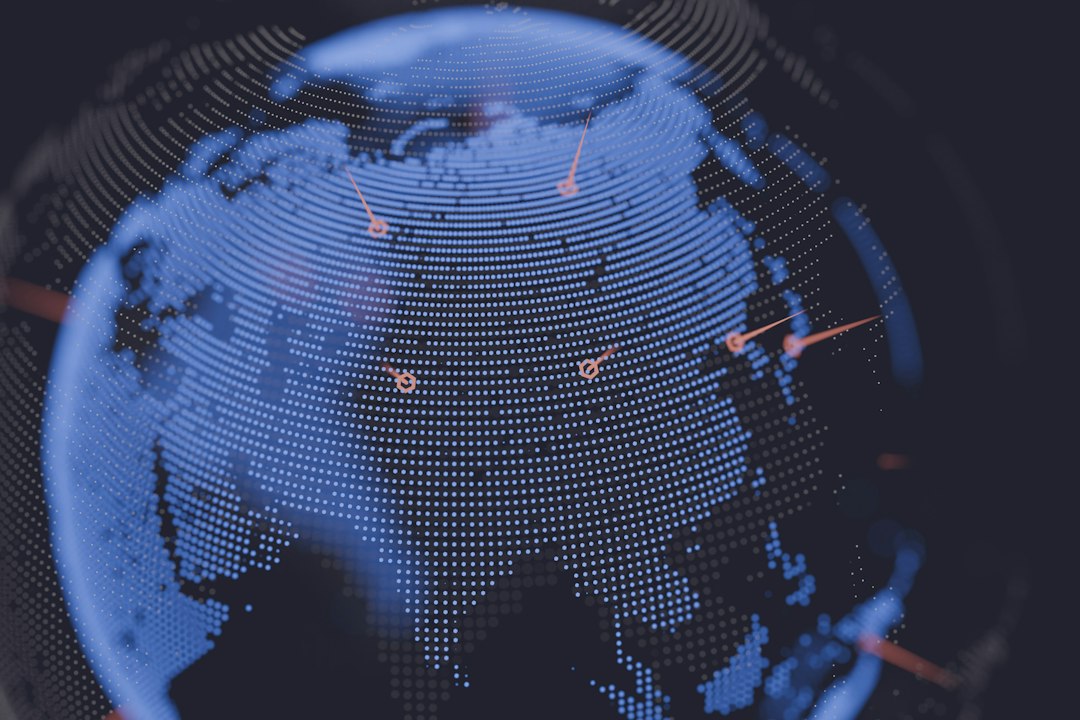 Global digital globe made of blue dots with orange connection points and orbit lines, suggesting global data networks or analytics