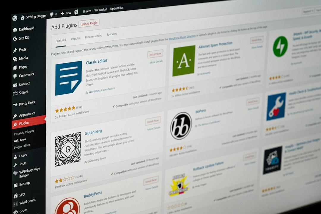 WordPress admin: Add Plugins page showing plugin tiles with icons and install buttons on a dashboard layout of the left navigation panel.