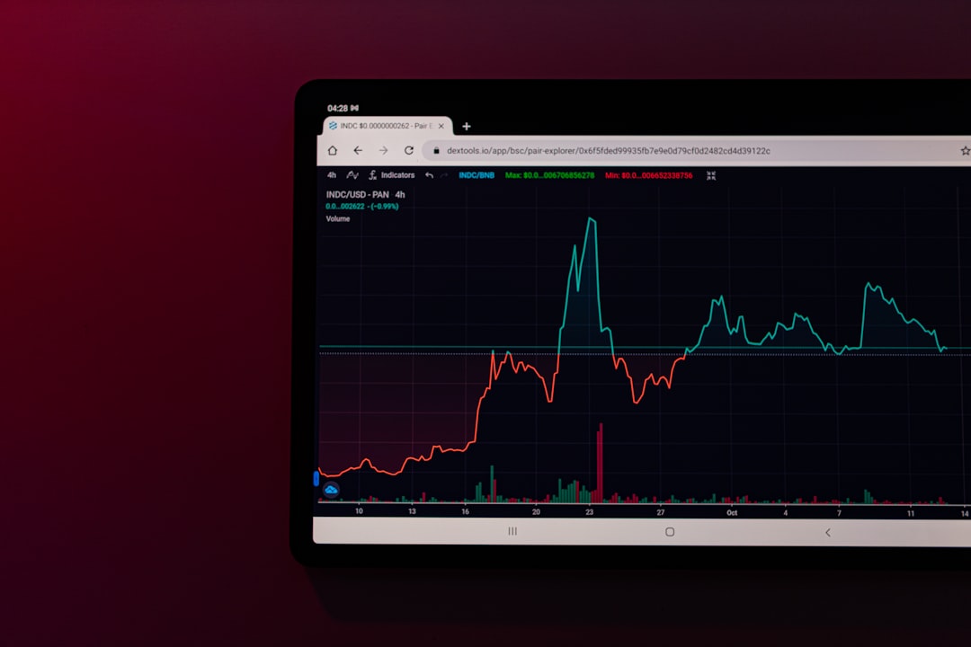 Tablet on a dark red surface showing a cryptocurrency price chart with red and teal lines and volume bars at the bottom.