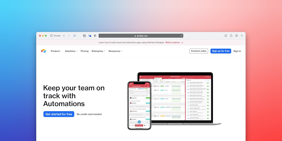 Product landing page screenshot showing automation tools on a laptop and a smartphone with a blue-to-pink gradient background behind. The heading reads 'Keep your team on track with Automations'.