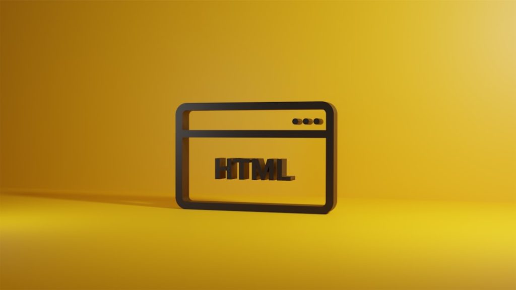 3D icon of a web browser window with the word HTML on a yellow background, representing web development.