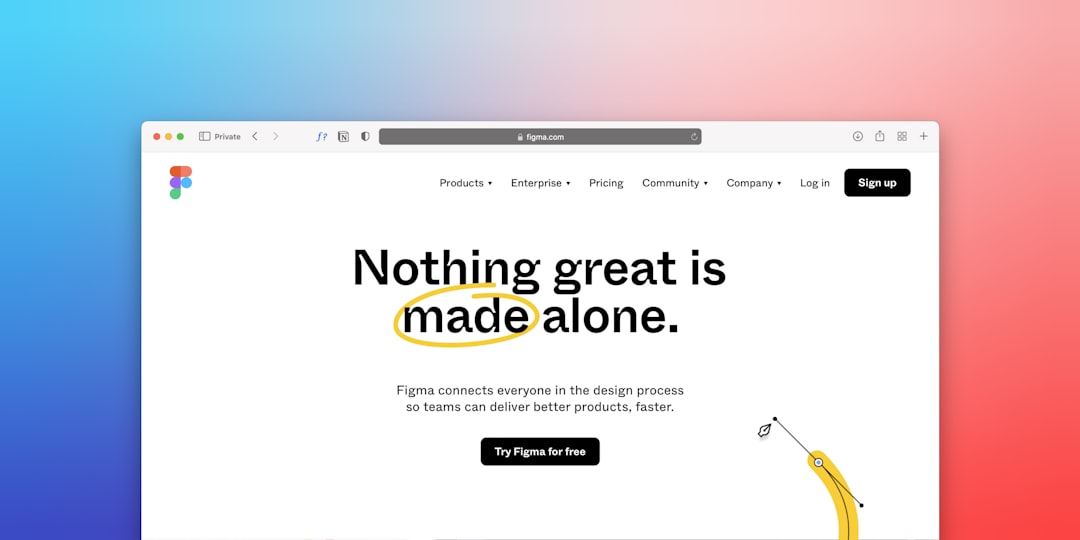 Screenshot of Figma's homepage hero with the slogan 'Nothing great is made alone' on a white background and a blue-to-pink gradient backdrop, with a yellow highlight under 'made'.
