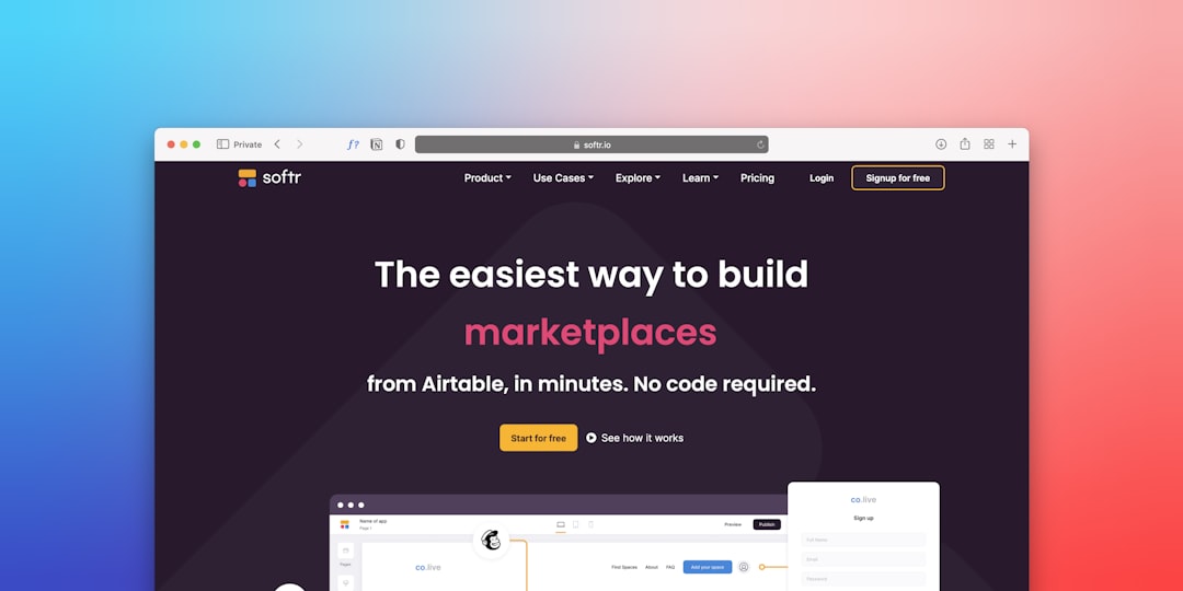 Softr homepage hero: 'The easiest way to build marketplaces' text on a dark purple banner with yellow sign-up button and preview screens below.