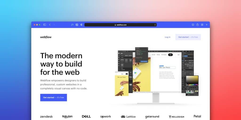 Hero image of Webflow's landing page with a large headline 'The modern way to build for the web' and a computer monitor with design software mockups on the right, against a blue-pink gradient background.