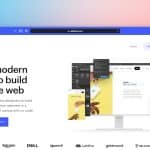 Hero image of Webflow's landing page with a large headline 'The modern way to build for the web' and a computer monitor with design software mockups on the right, against a blue-pink gradient background.