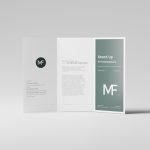 Tri-fold brochure mockup on a light gray background; left panel shows a dark circular MF logo, middle panel text, right panel a green gradient with 'Stand Up' and MF.