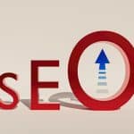 3D letters spelling SEO with a blue upward arrow inside the O, symbolizing growth in search rankings.