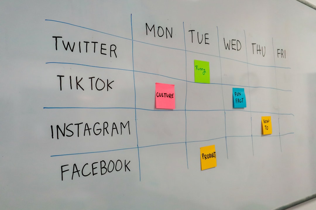 Whiteboard calendar mapping social channels (Twitter, TikTok, Instagram, Facebook) to Mon–Fri with color-coded notes like 'Funny', 'Culture', 'Fun Fact', 'How-To' and a 'Product' tag at the bottom.