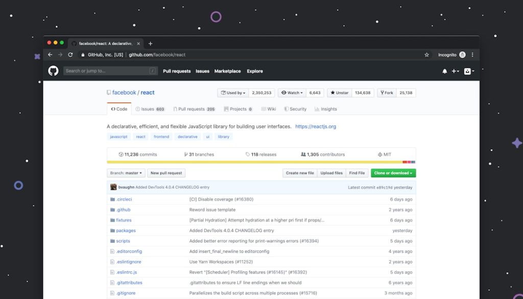 Screenshot of the GitHub repository page for facebook/react visible in a dark browser window, showing Code and repository stats.