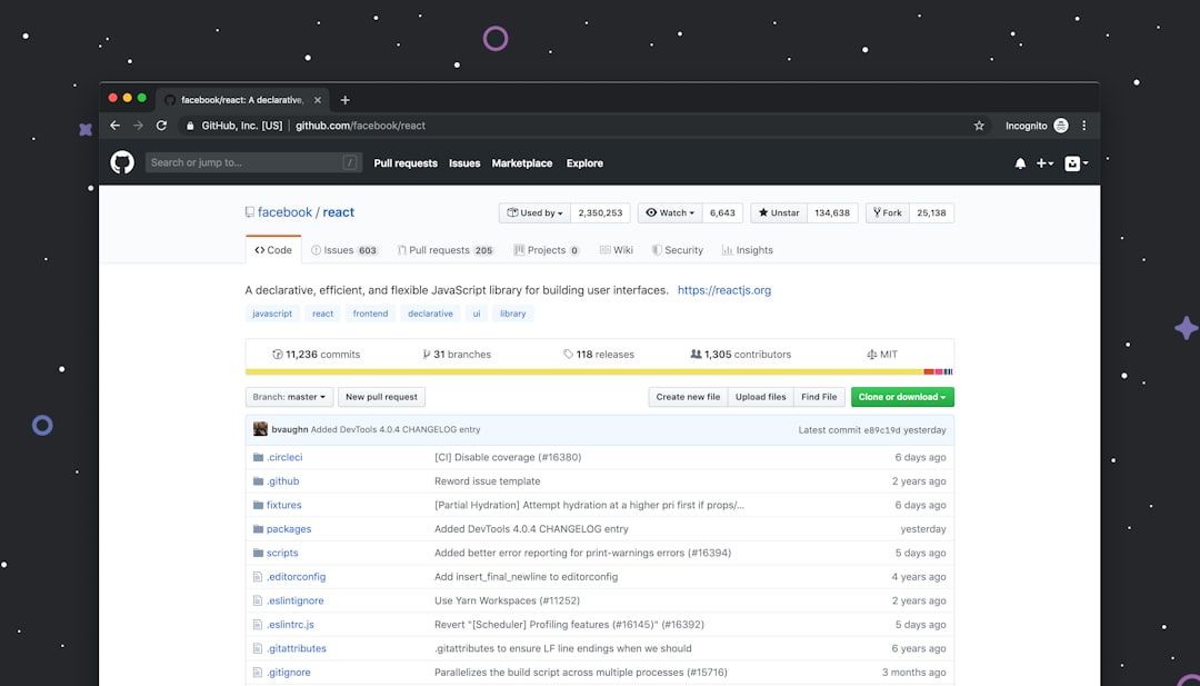 Screenshot of the GitHub repository page for facebook/react visible in a dark browser window, showing Code and repository stats.
