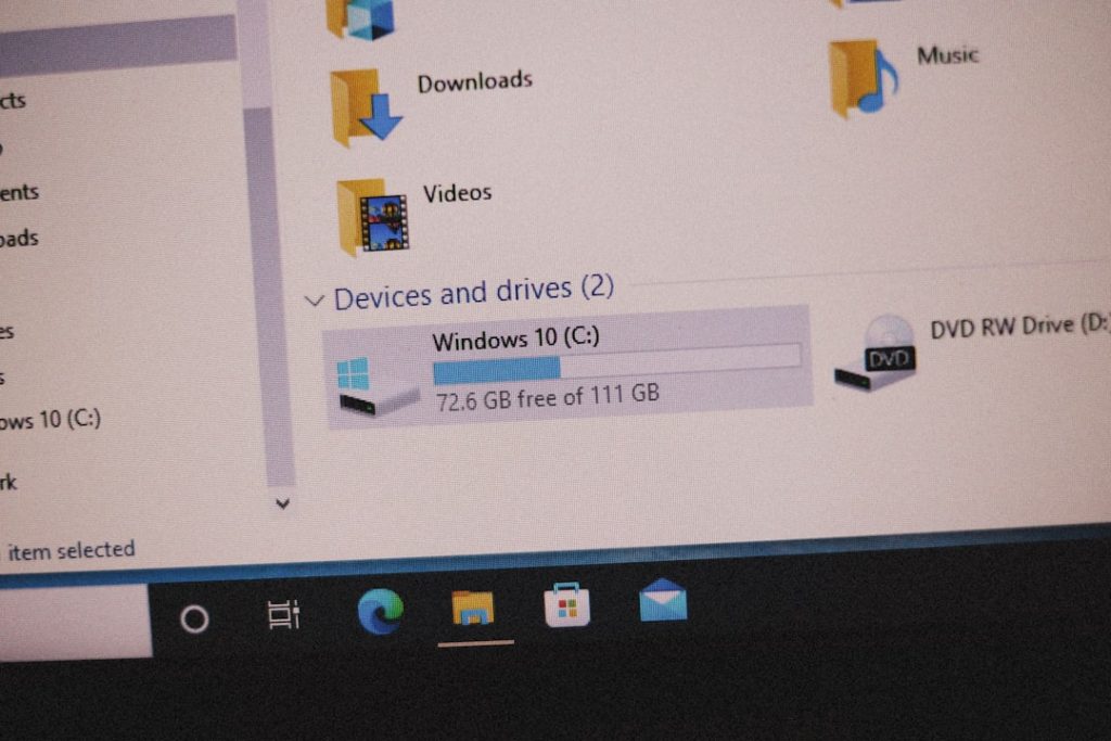 Windows File Explorer showing drive C: with a blue free space bar and 72.6 GB free of 111 GB, under Devices and drives (2).