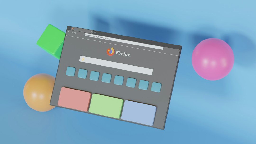 3D illustration of a Firefox browser window tilted on a blue background with colorful app tiles.