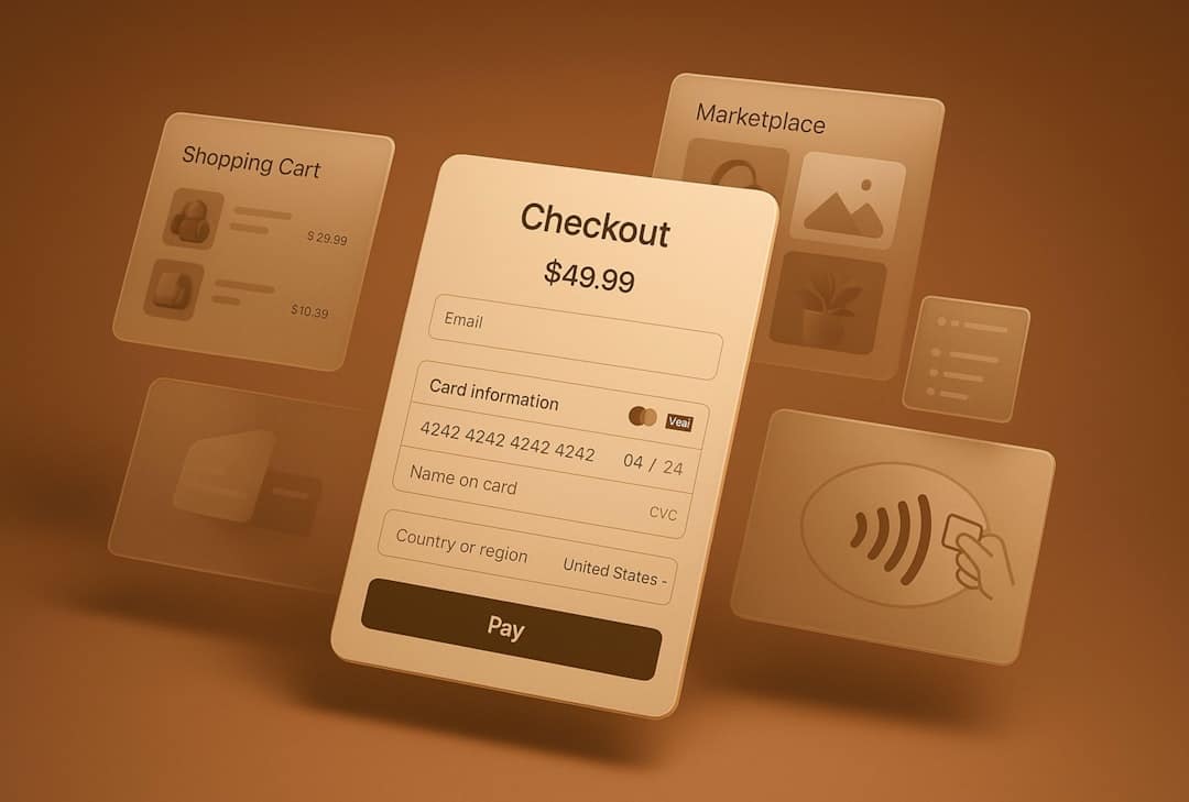 Checkout form with a $49.99 total, fields for email and card details, and a prominent Pay button; background shows marketplace and cart icons.