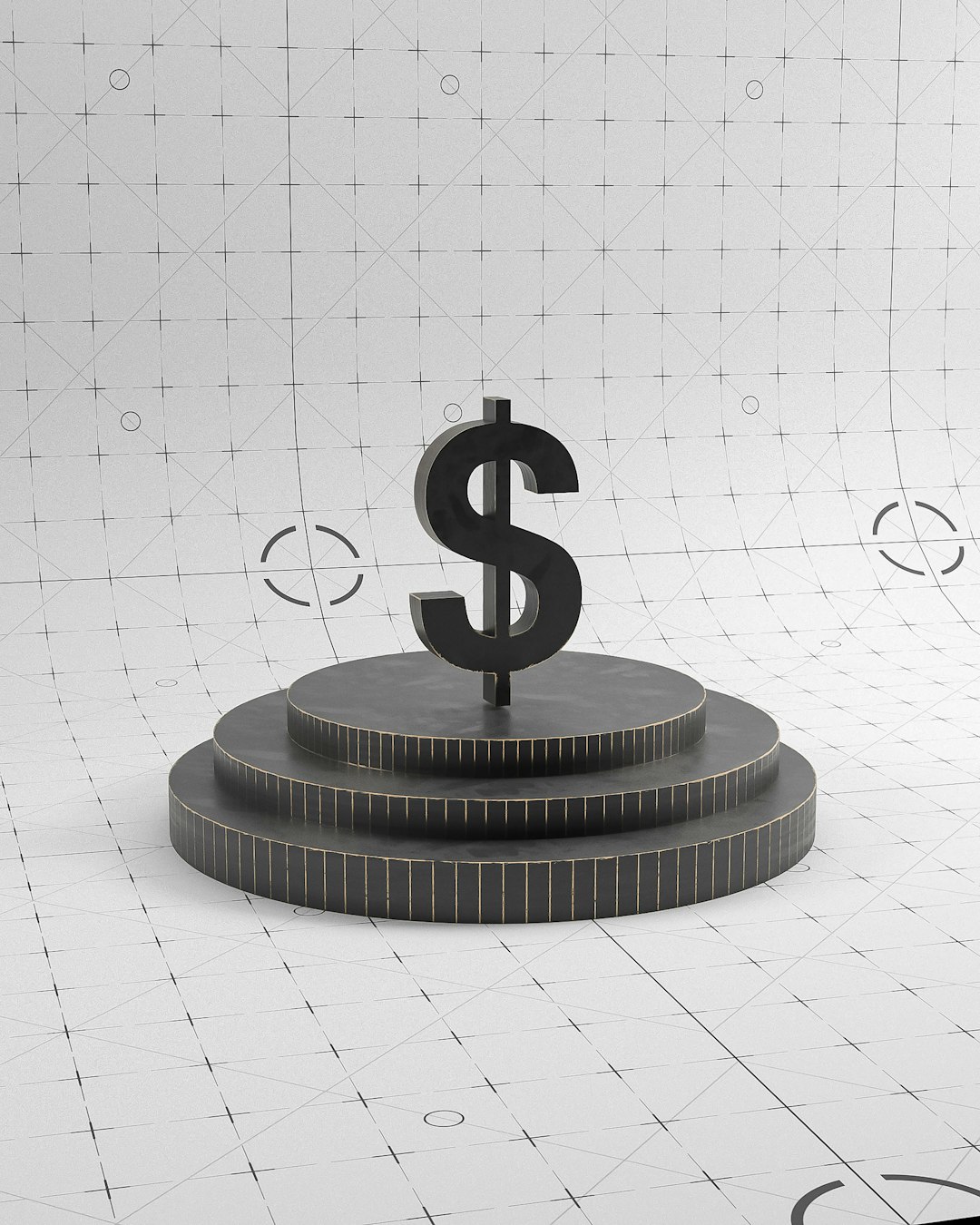 3D dollar sign on a stacked circular pedestal, symbolizing wealth or finance against a grid background.